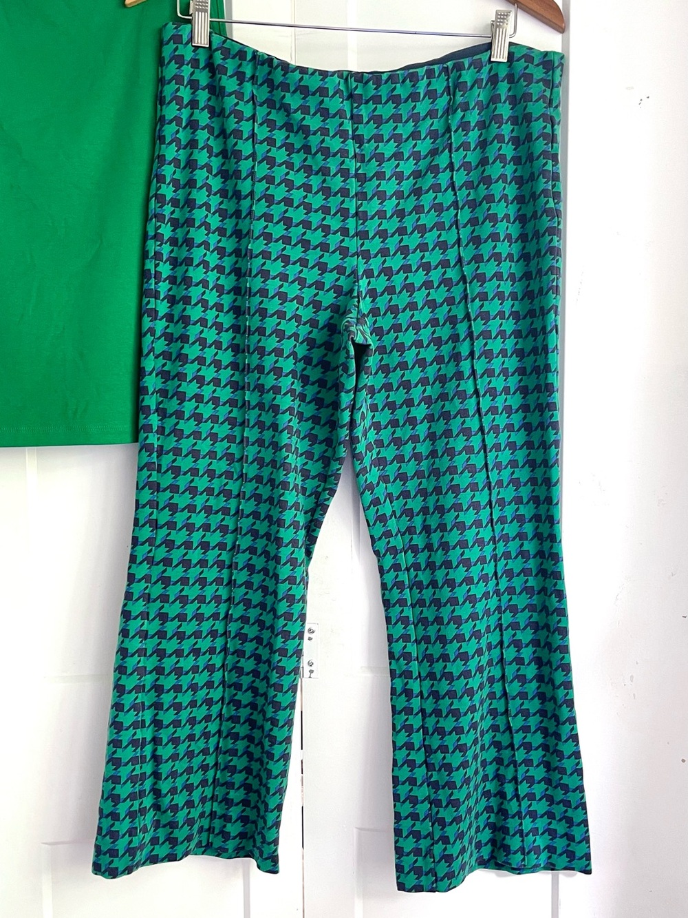 Anthropologie Maeve Margot Crop Kick Flare Pant - Large Green Blue Houndstooth L - Picture 4 of 4